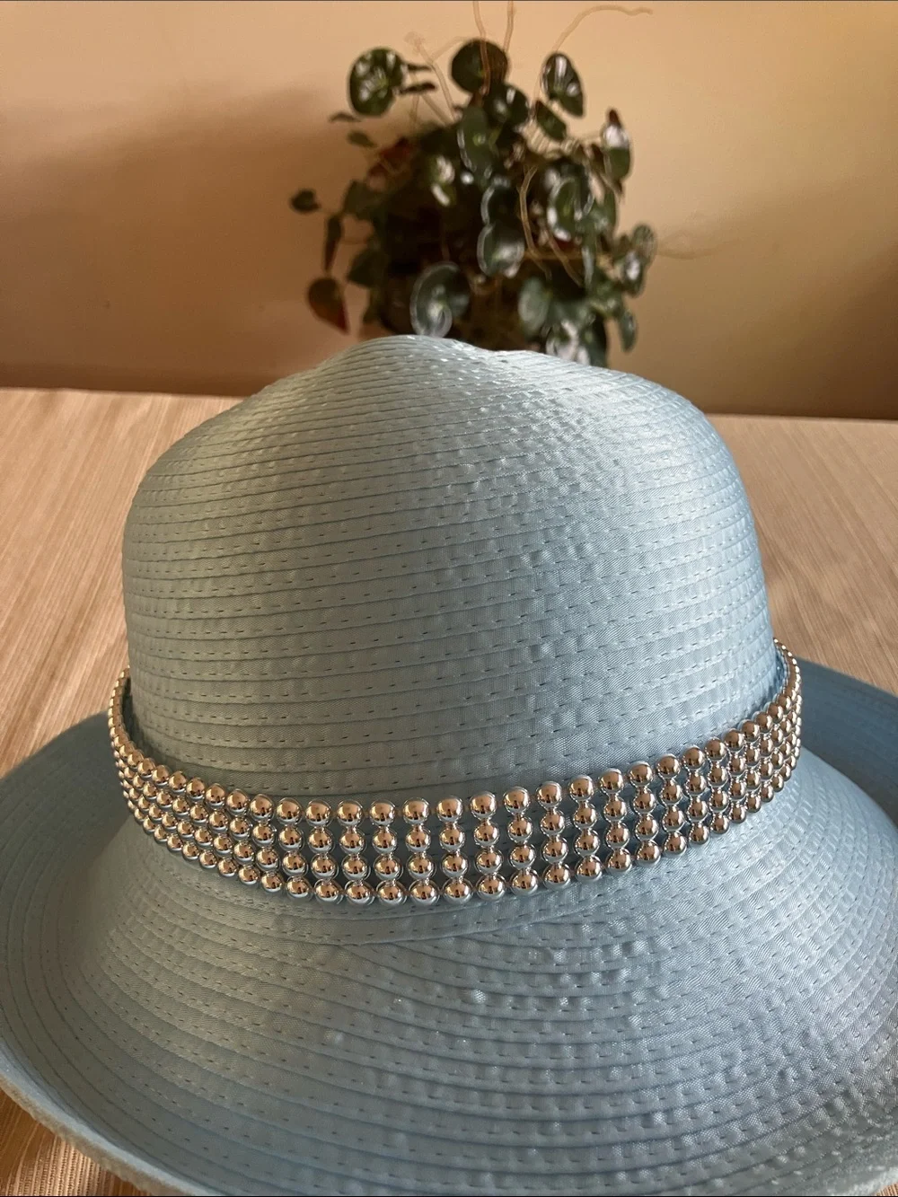 Chic Light Blue Satin Ribbon Hat with Silver Beaded Band